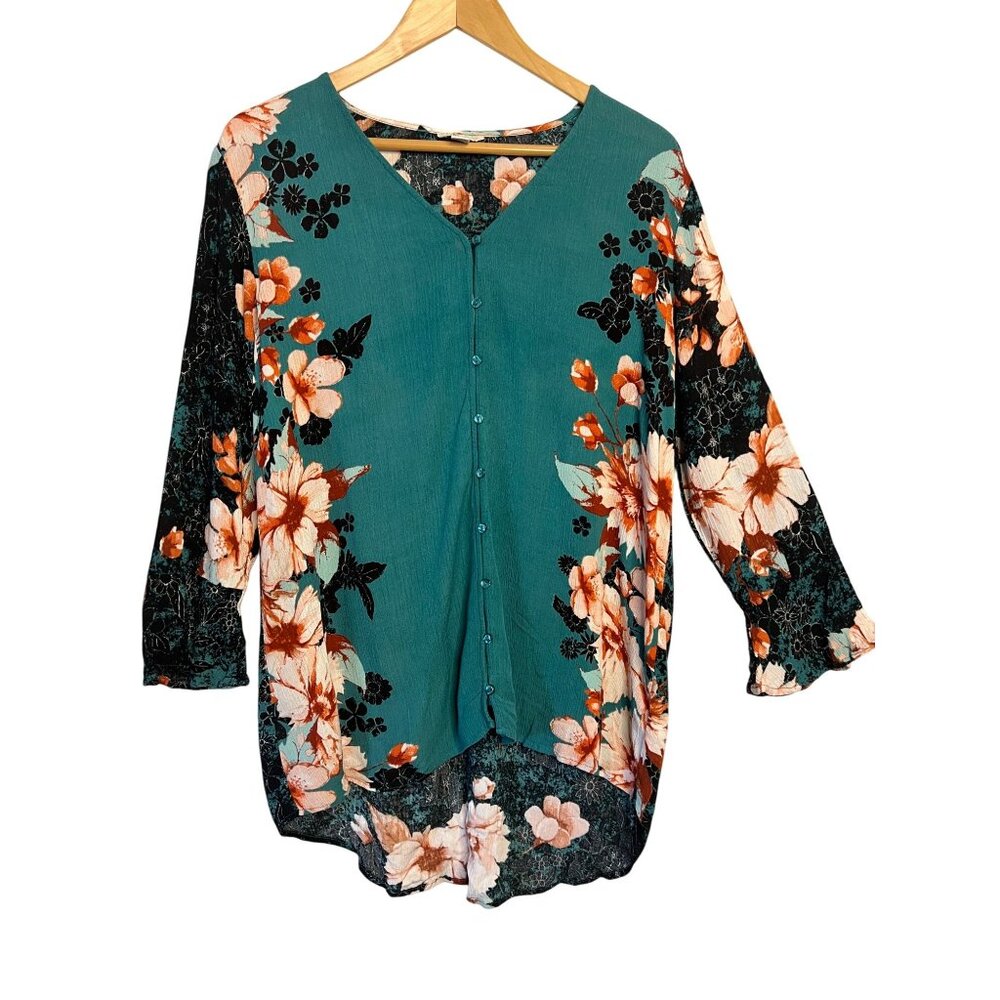 Cato L Button-Front V-Neck Tunic Top Floral 3/4 Sleeves Rayon Gauze Teal Black